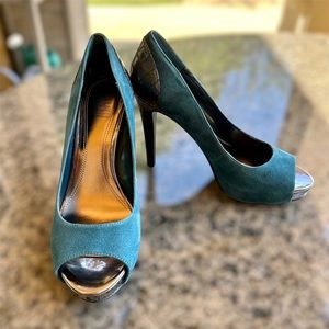 Carlos FALCHI Teal Blue Giselle Peep Toe Platform Pump Size 6M